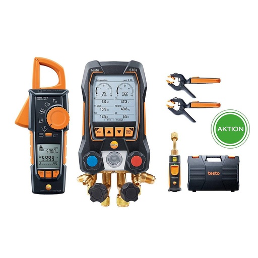 Kit testo 570s com alicate amperímetro e vacuômetro - Manifold digital inteligente com sondas sem fio de vácuo e de temperatura com alicate e alicate amperímetro