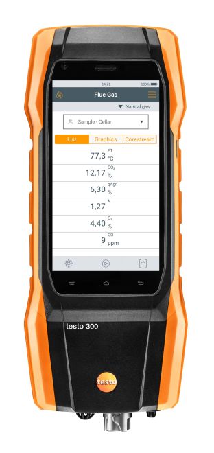 Analisador de gases de combustão testo 300 longlife (O2, CO até 4.000 ppm, NO), incl. Unidade de alimentação USB