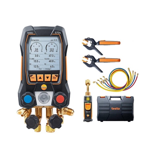 [0564 5703] Kit de vácuo inteligente testo 570s com mangueiras de vácuo - Manifold digital inteligente com sondas sem fio de vácuo e de temperatura de pinça e conjunto de vácuo com 4 mangueiras